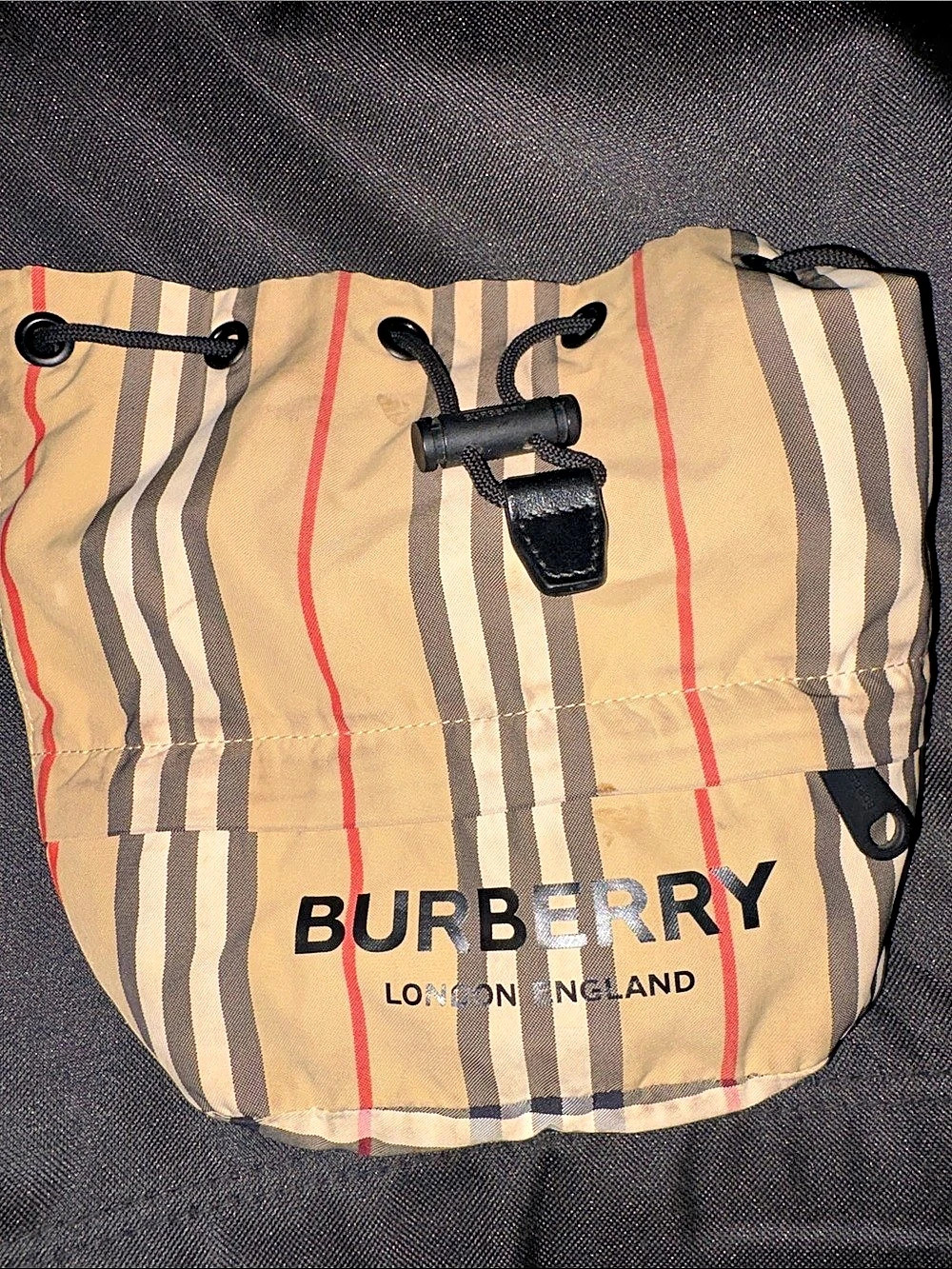 Burberry Icon Stripe ECONYL Nylon Drawcord Pouch Bag Beige & Black